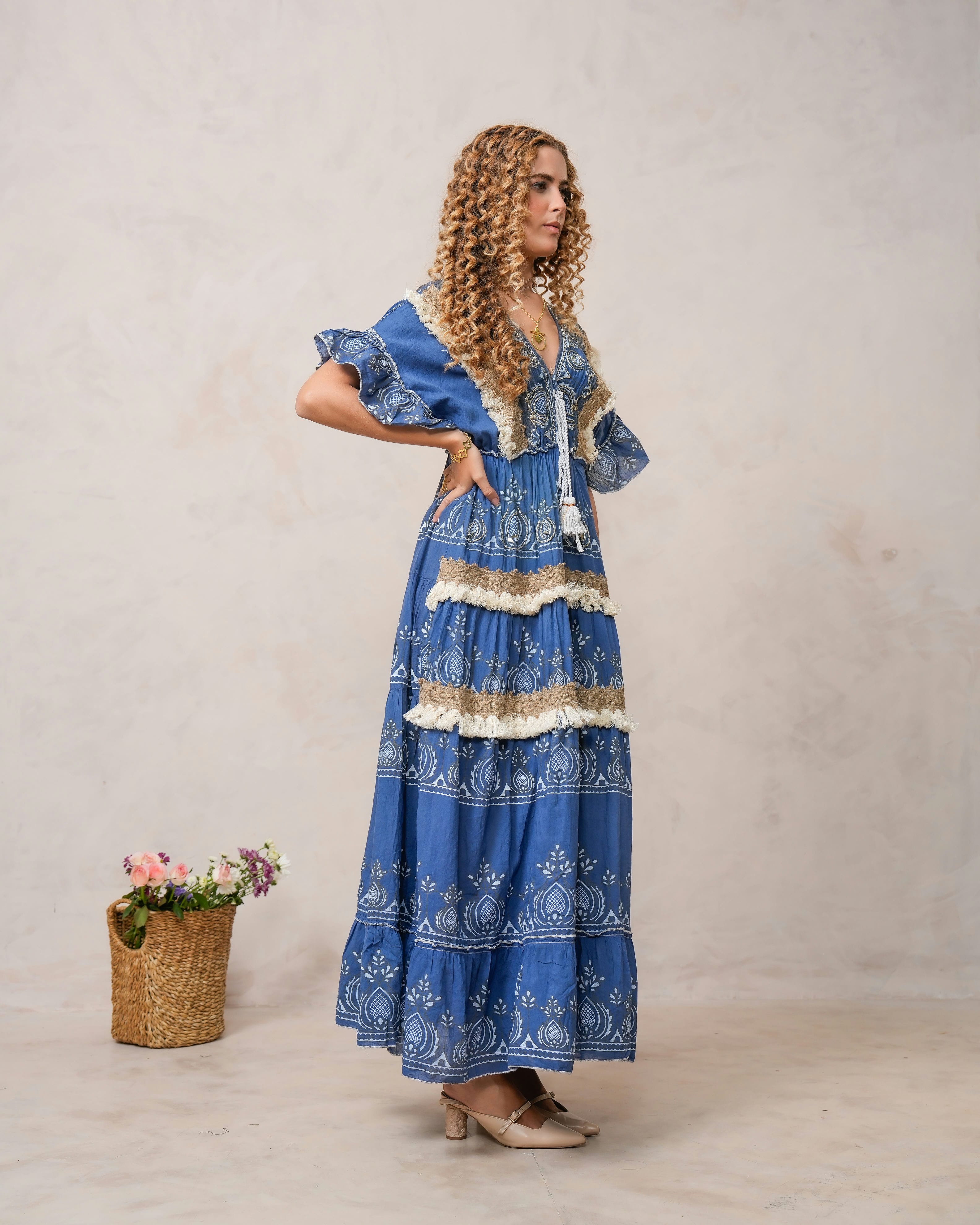 Women’s Dark Blue Cotton Embroidered Maxi Dress