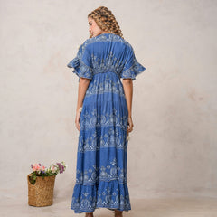 Women’s Dark Blue Cotton Embroidered Maxi Dress
