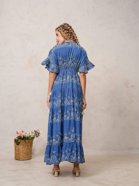 Women’s Dark Blue Cotton Embroidered Maxi Dress