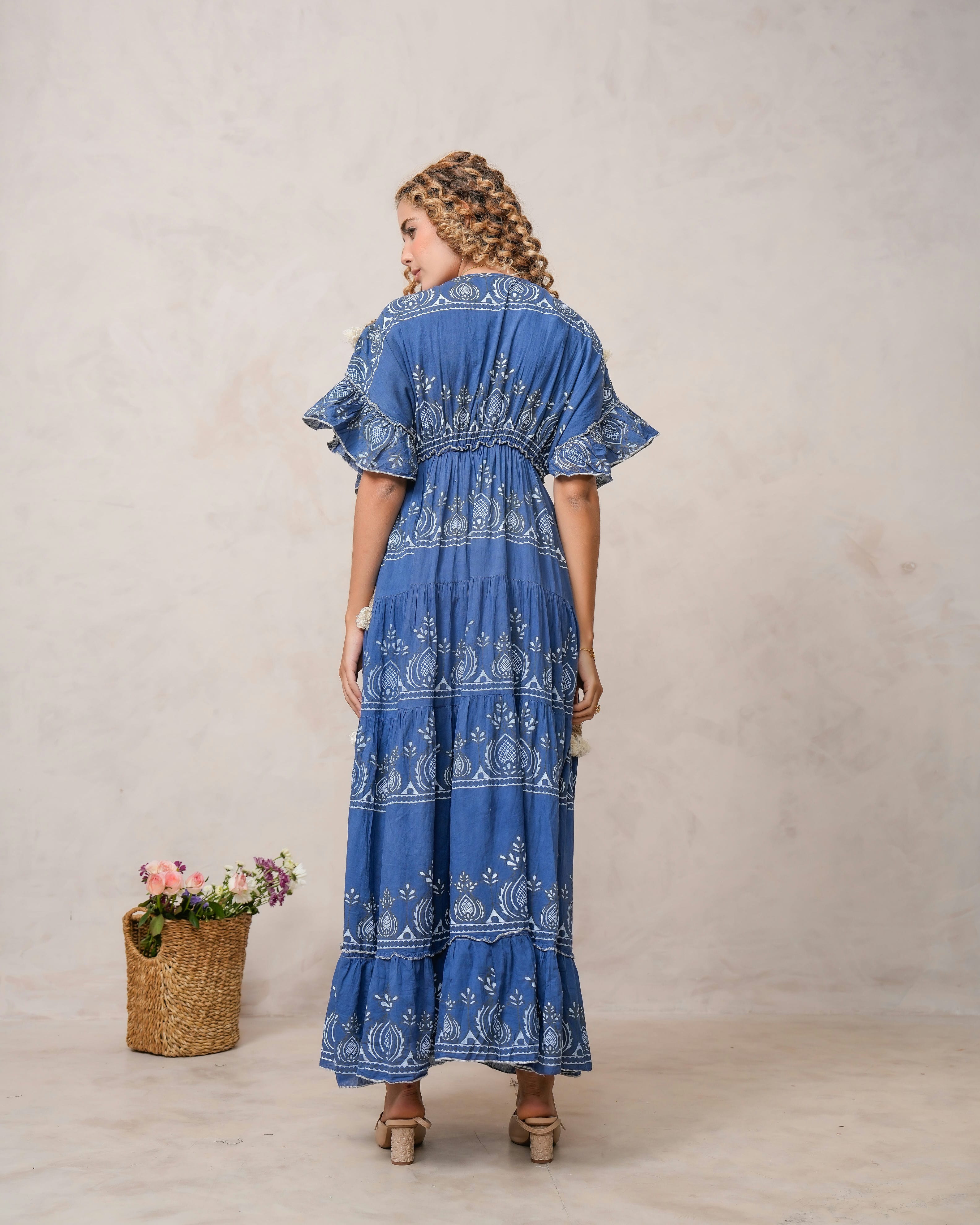 Women’s Dark Blue Cotton Embroidered Maxi Dress