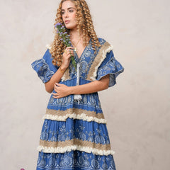 Women’s Dark Blue Cotton Embroidered Maxi Dress