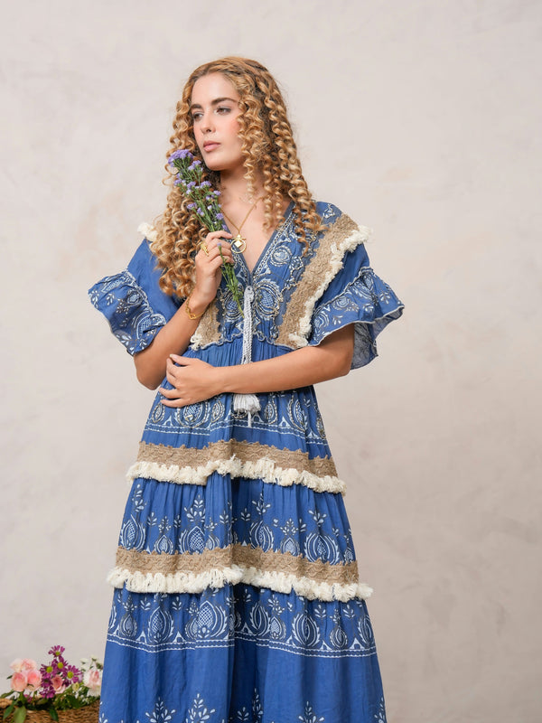 Women’s Dark Blue Cotton Embroidered Maxi Dress