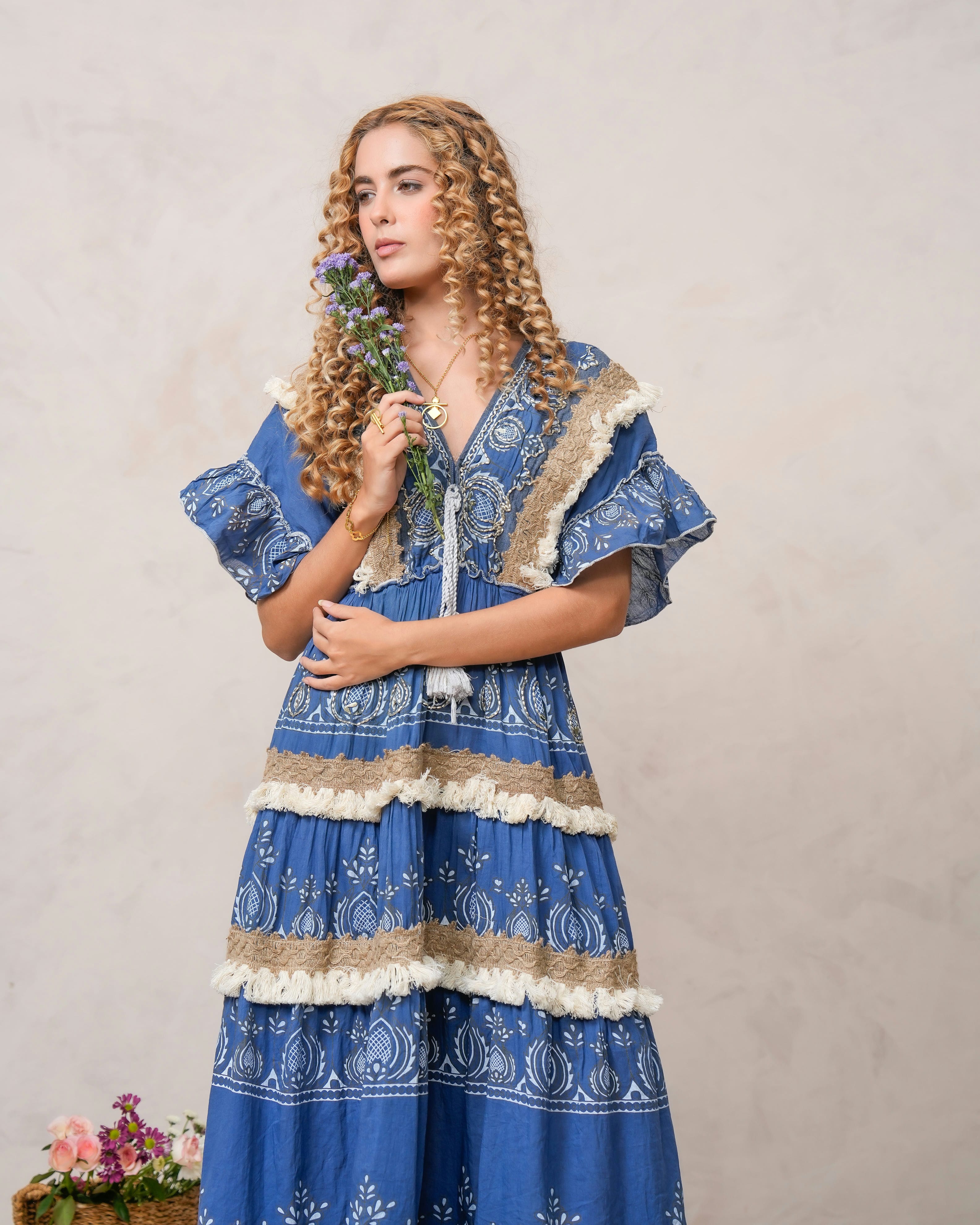 Women’s Dark Blue Cotton Embroidered Maxi Dress