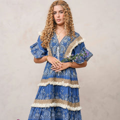 Women’s Dark Blue Cotton Embroidered Maxi Dress