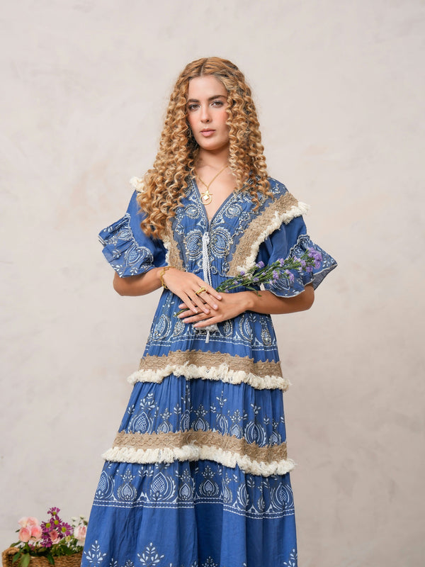 Women’s Dark Blue Cotton Embroidered Maxi Dress