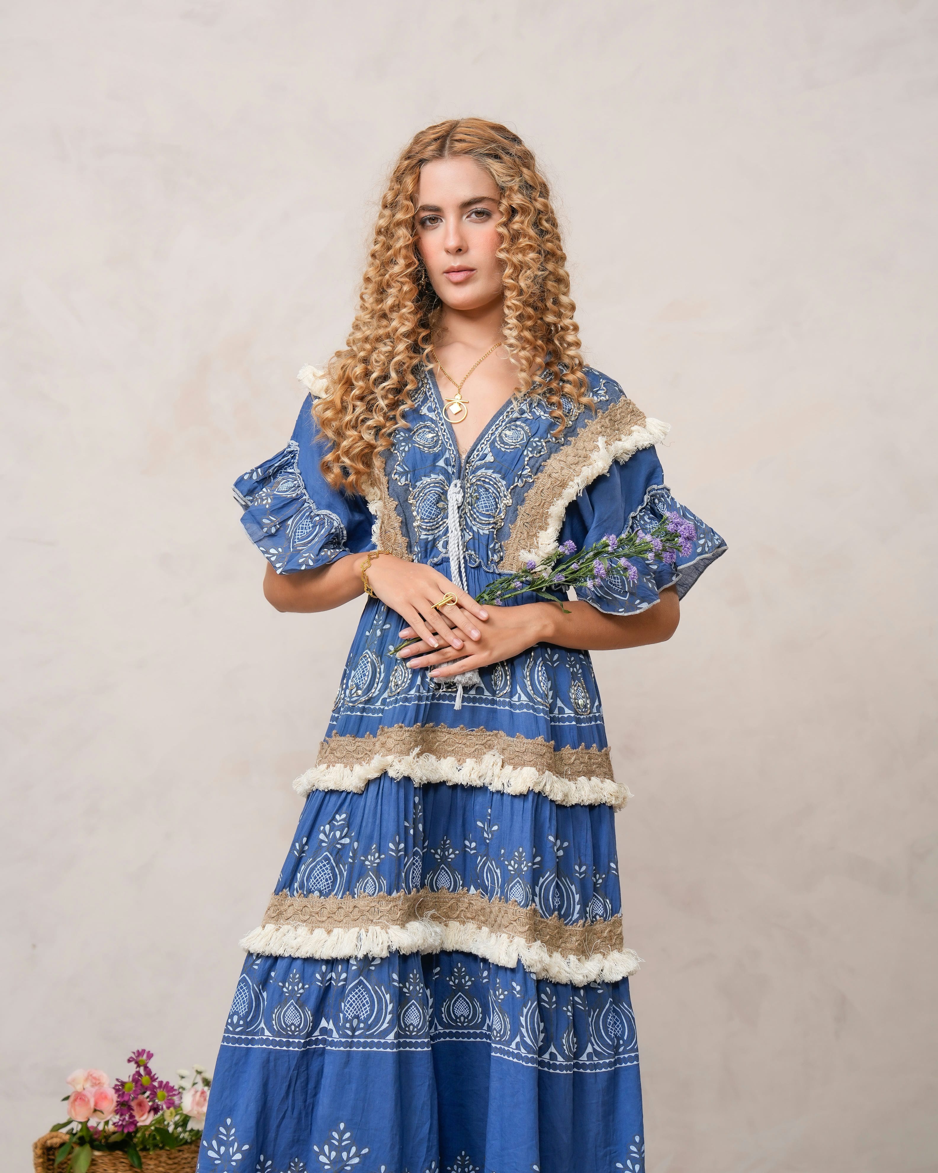 Women’s Dark Blue Cotton Embroidered Maxi Dress