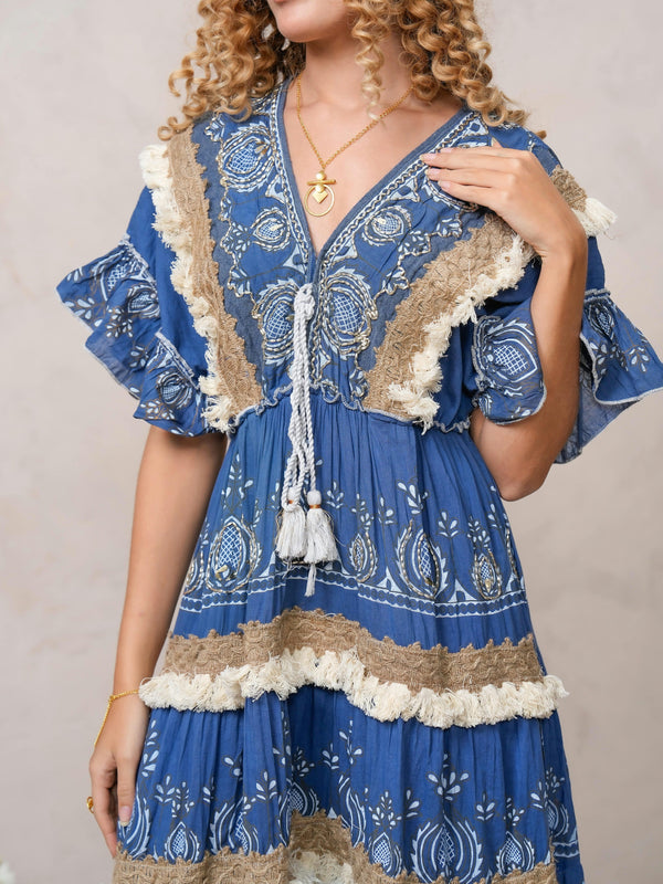 Women’s Dark Blue Cotton Embroidered Maxi Dress