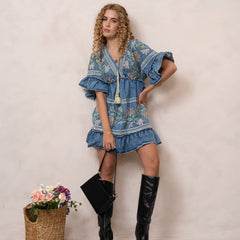 Women’s Blue Cotton Embroidered Midi Dress with V-Neck