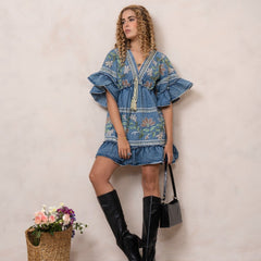 Women’s Blue Cotton Embroidered Midi Dress with V-Neck