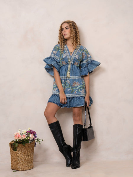 Women’s Blue Cotton Embroidered Midi Dress with V-Neck