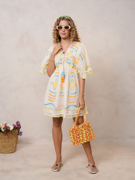 Women’s Off White Cotton Embroidered Midi Dress