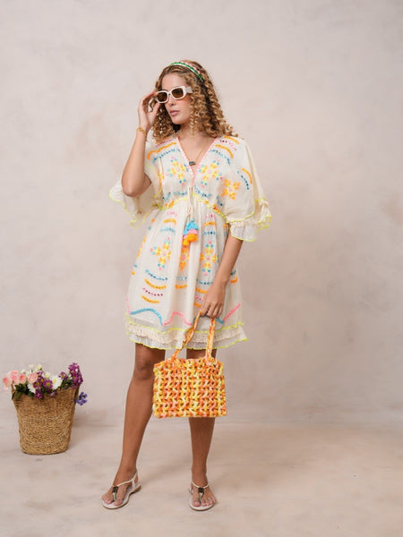 Women’s Off White Cotton Embroidered Midi Dress