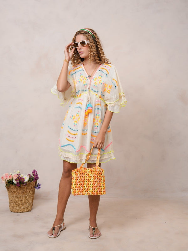 Women’s Off White Cotton Embroidered Midi Dress