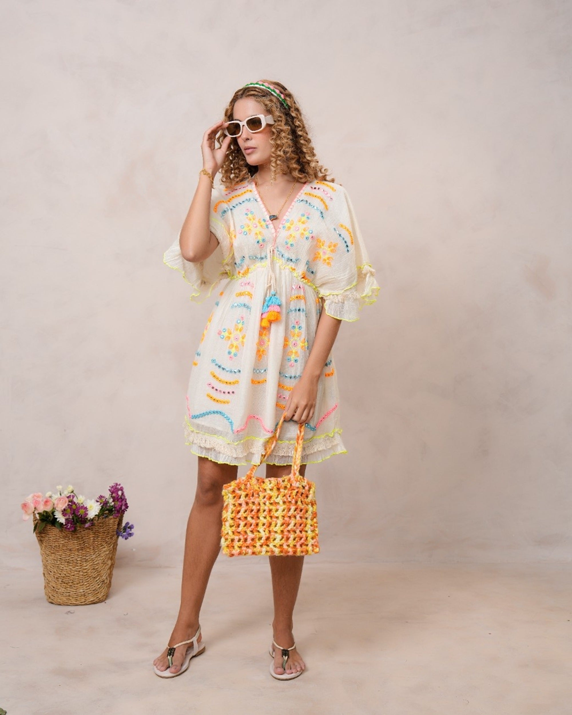 Women’s Off White Cotton Embroidered Midi Dress