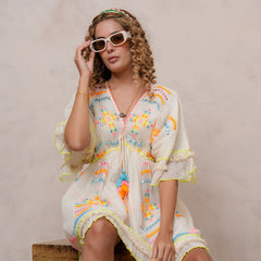 Women’s Off White Cotton Embroidered Midi Dress