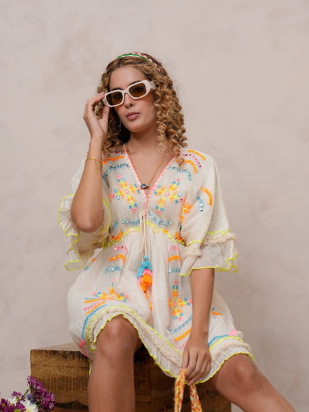 Women’s Off White Cotton Embroidered Midi Dress