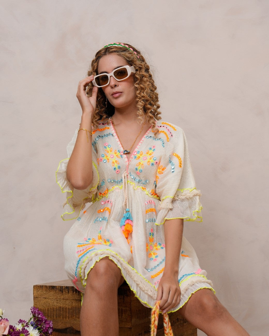 Women’s Off White Cotton Embroidered Midi Dress