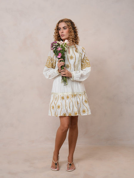 Women’s Off White Cotton Embroidered Midi Dress