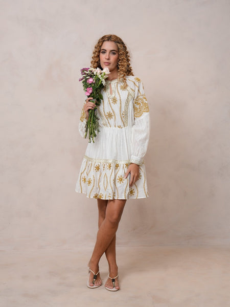 Women’s Off White Cotton Embroidered Midi Dress