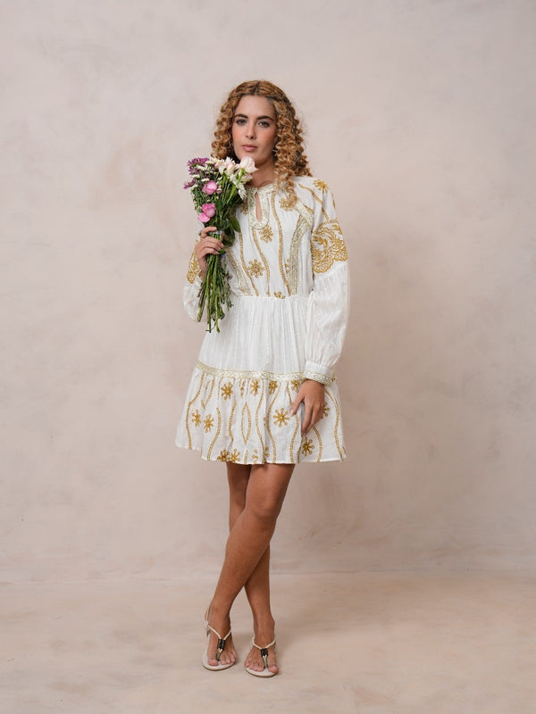 Women’s Off White Cotton Embroidered Midi Dress