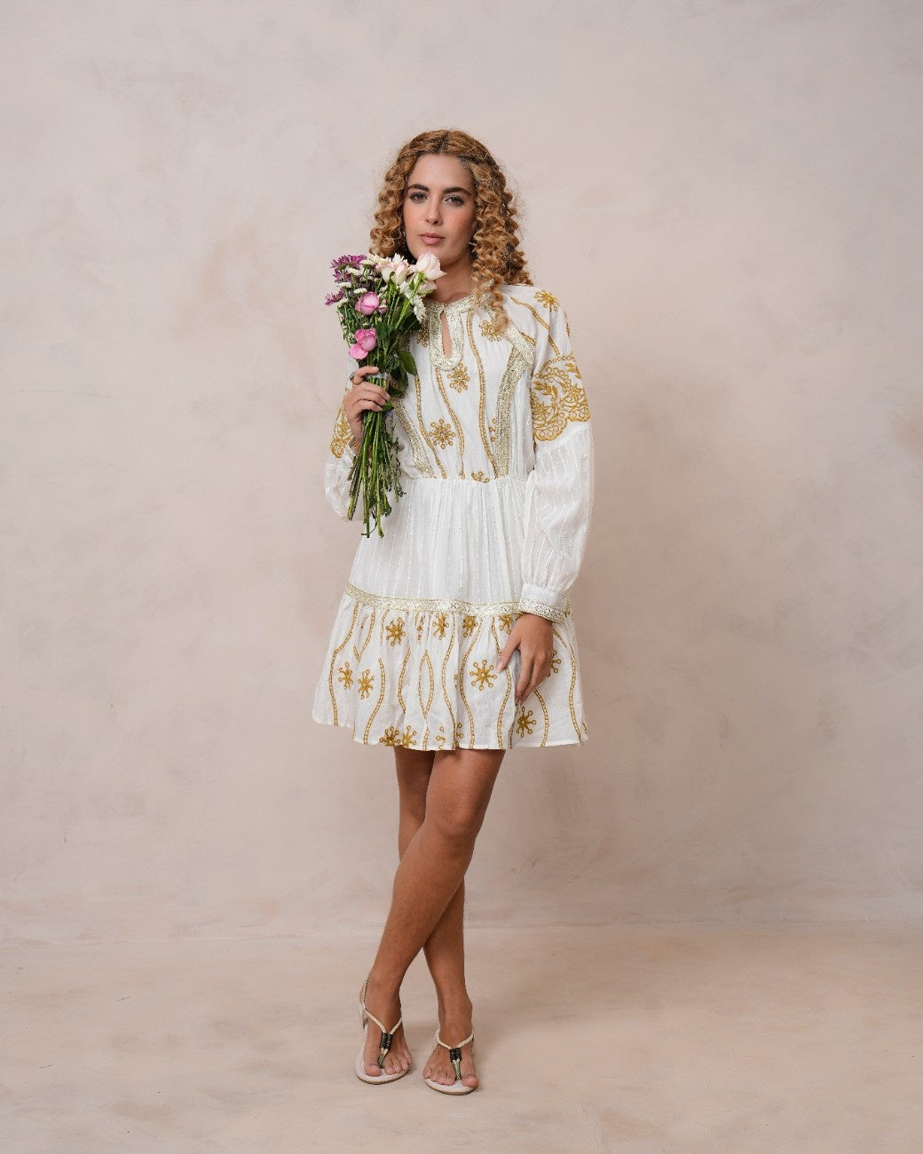 Women’s Off White Cotton Embroidered Midi Dress