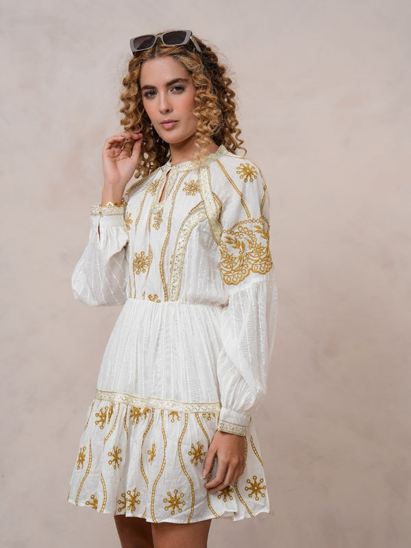 Women’s Off White Cotton Embroidered Midi Dress