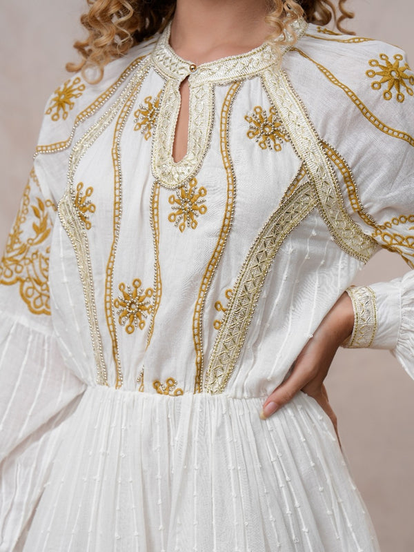Women’s Off White Cotton Embroidered Midi Dress