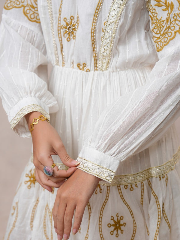 Women’s Off White Cotton Embroidered Midi Dress