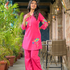 Rani Pink Embroidered Cotton Co-ord Set with V-Neck & 3/4th Sleeves