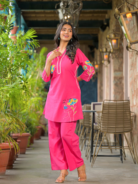 Rani Pink Embroidered Cotton Co-ord Set with V-Neck & 3/4th Sleeves