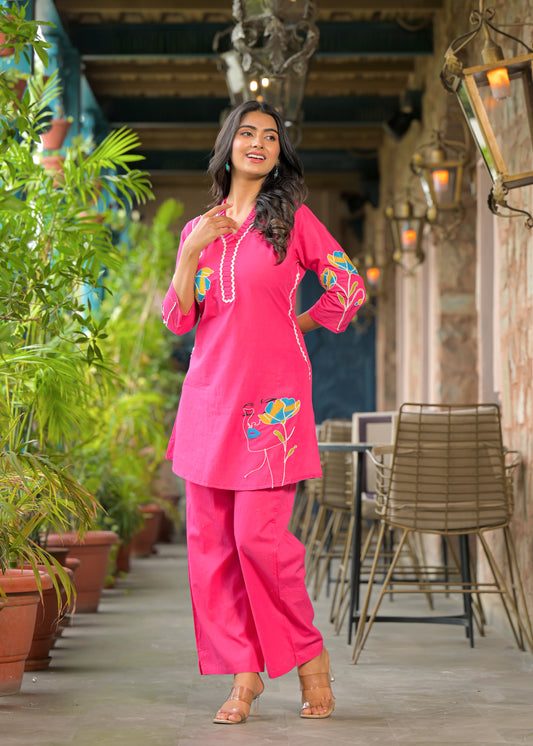 Rani Pink Embroidered Cotton Co-ord Set with V-Neck & 3/4th Sleeves