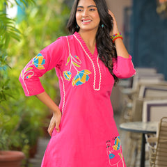 Rani Pink Embroidered Cotton Co-ord Set with V-Neck & 3/4th Sleeves