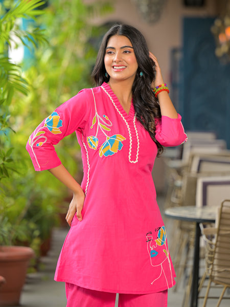 Rani Pink Embroidered Cotton Co-ord Set with V-Neck & 3/4th Sleeves