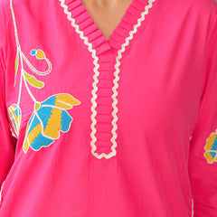 Rani Pink Embroidered Cotton Co-ord Set with V-Neck & 3/4th Sleeves