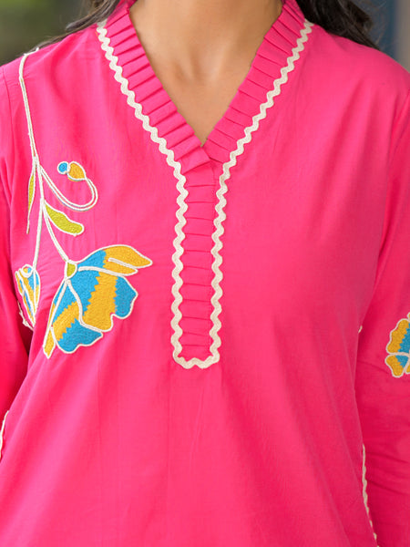 Rani Pink Embroidered Cotton Co-ord Set with V-Neck & 3/4th Sleeves