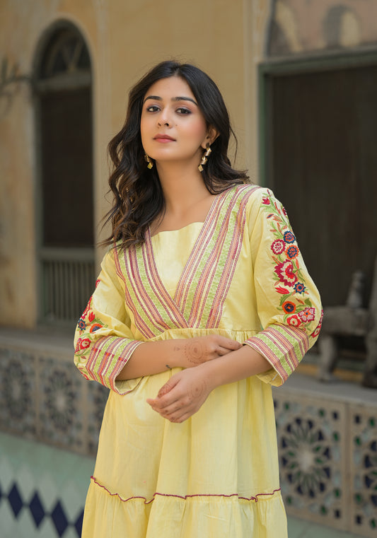 Yellow Embroidery Work Maxi Dress