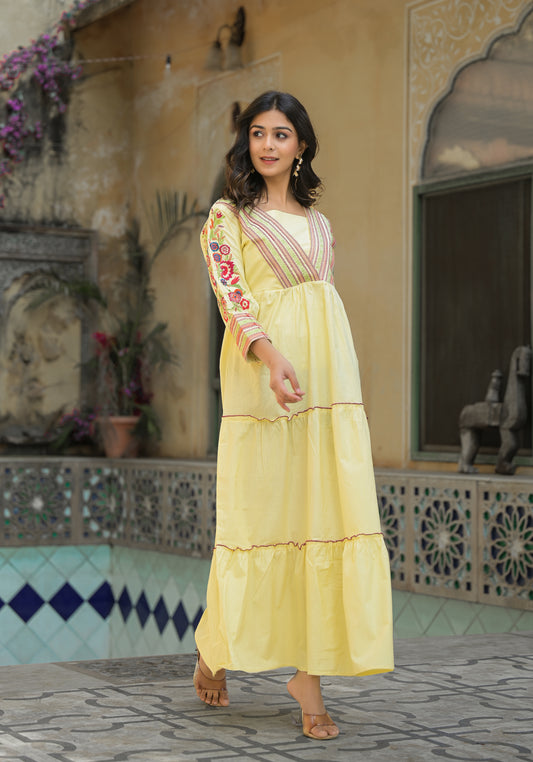 Yellow Embroidery Work Maxi Dress