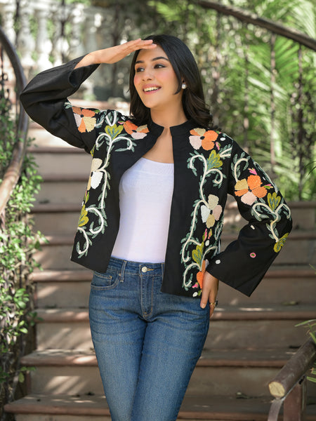 Colorful Hand Work Embroidered Black Jacket