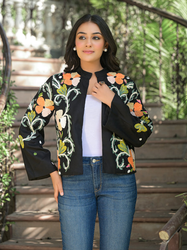 Colorful Hand Work Embroidered Black Jacket