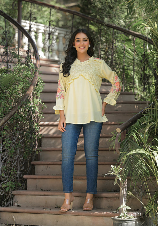 Lemon Yellow Cotton Embroidered Top