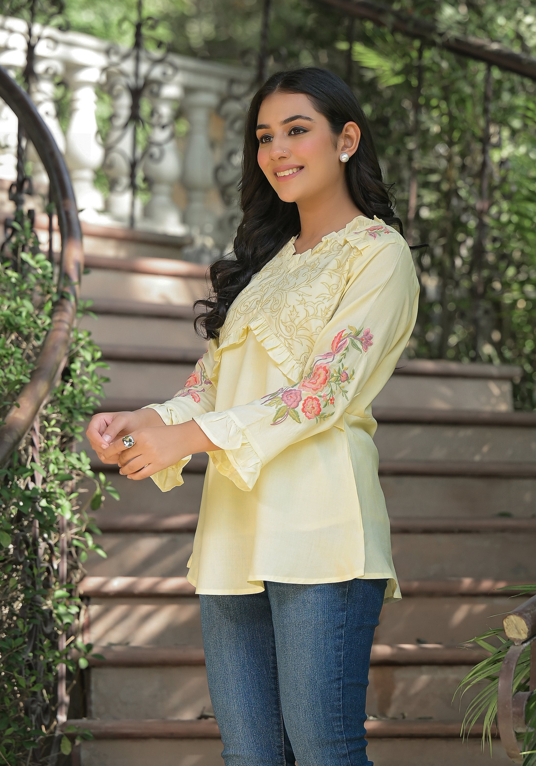 Lemon Yellow Cotton Embroidered Top