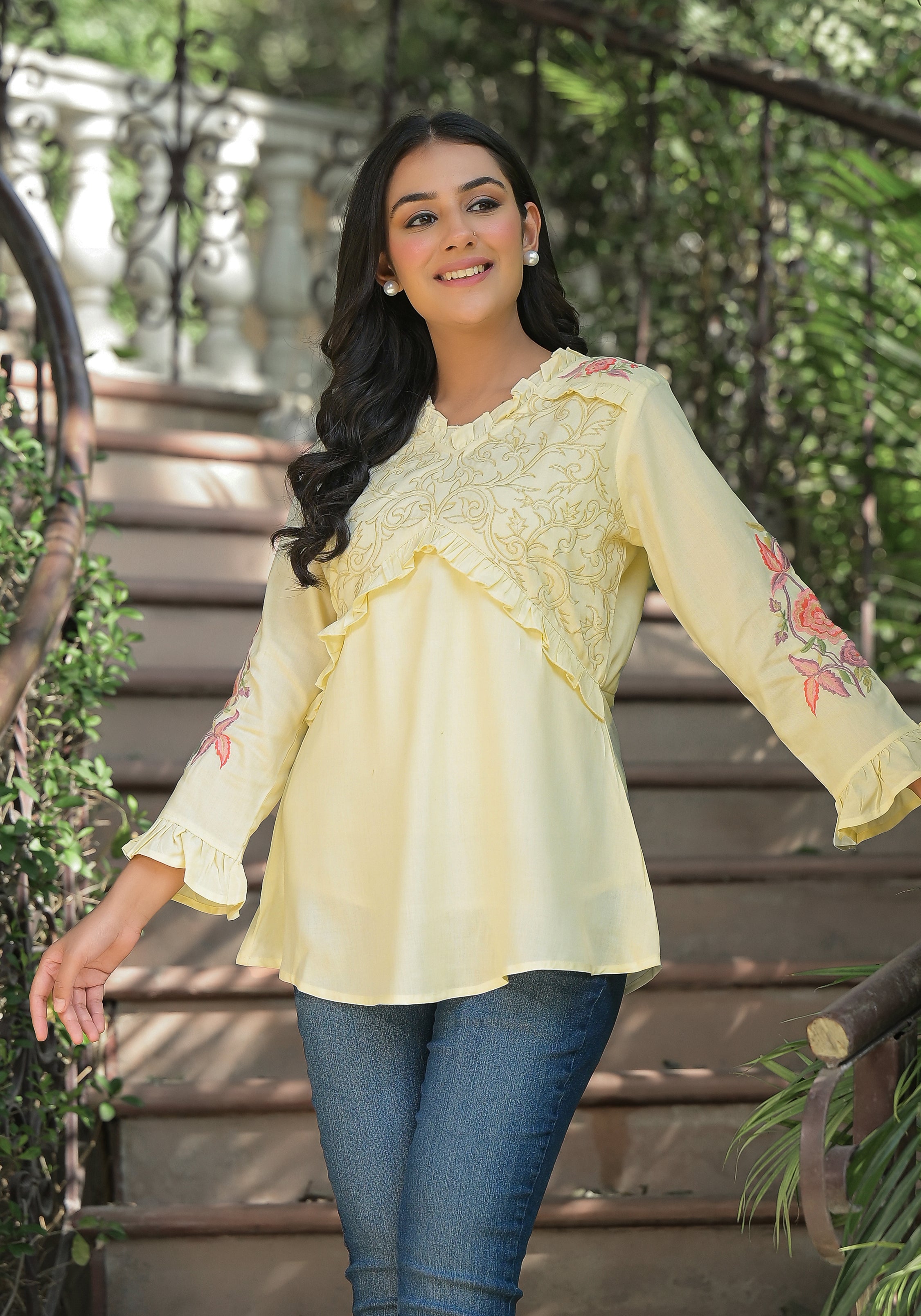 Lemon Yellow Cotton Embroidered Top