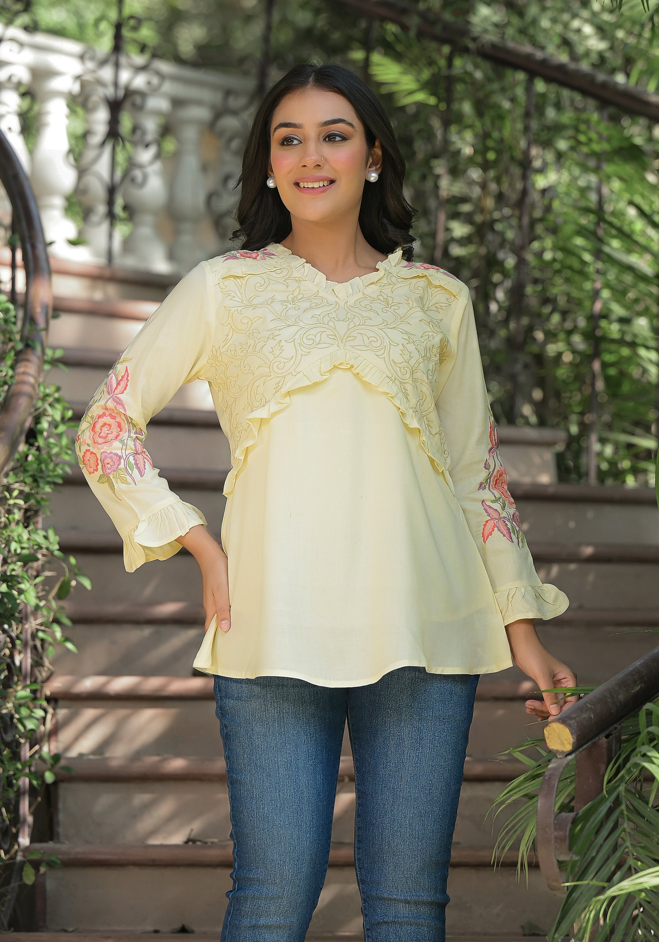 Lemon Yellow Cotton Embroidered Top