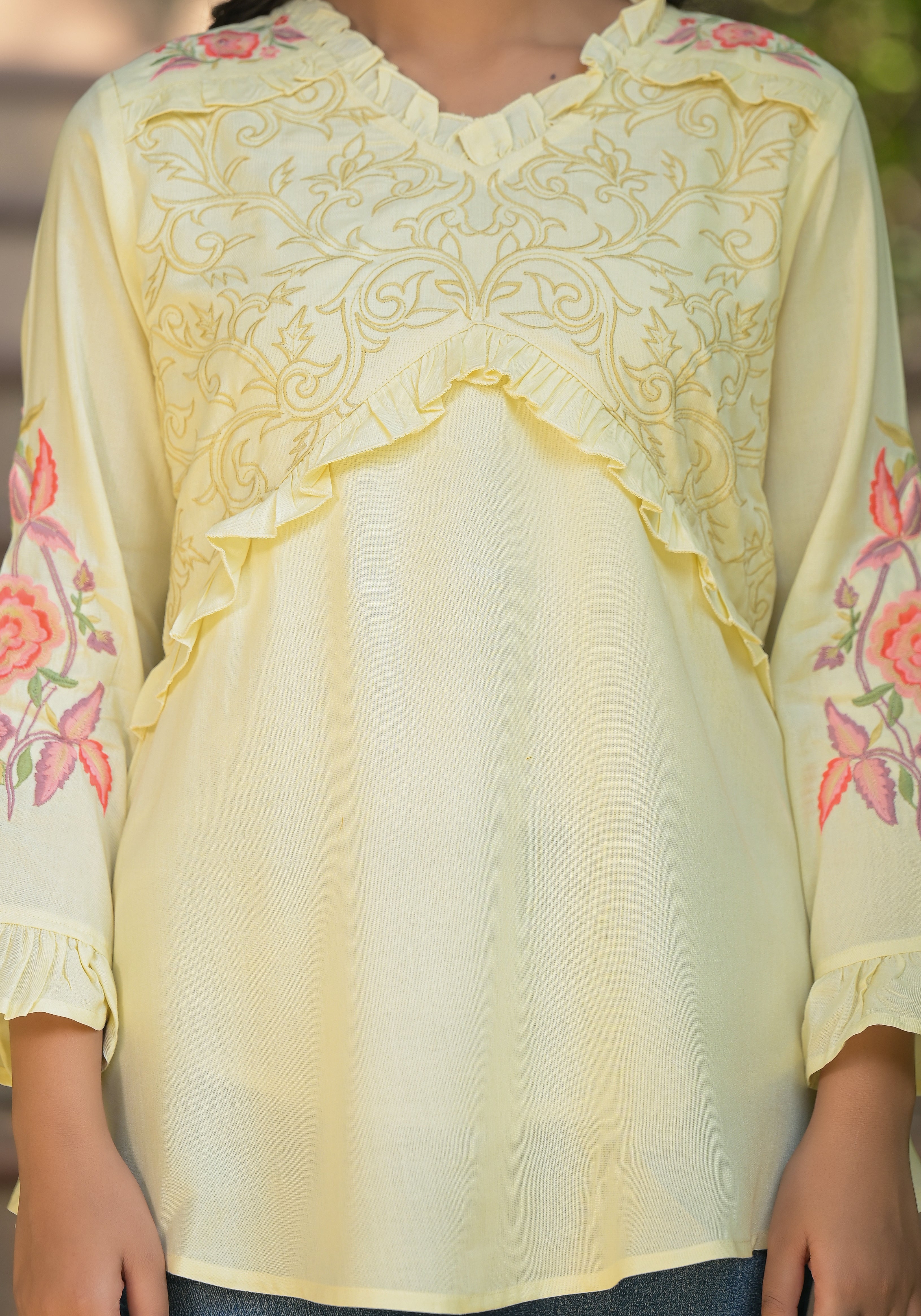 Lemon Yellow Cotton Embroidered Top