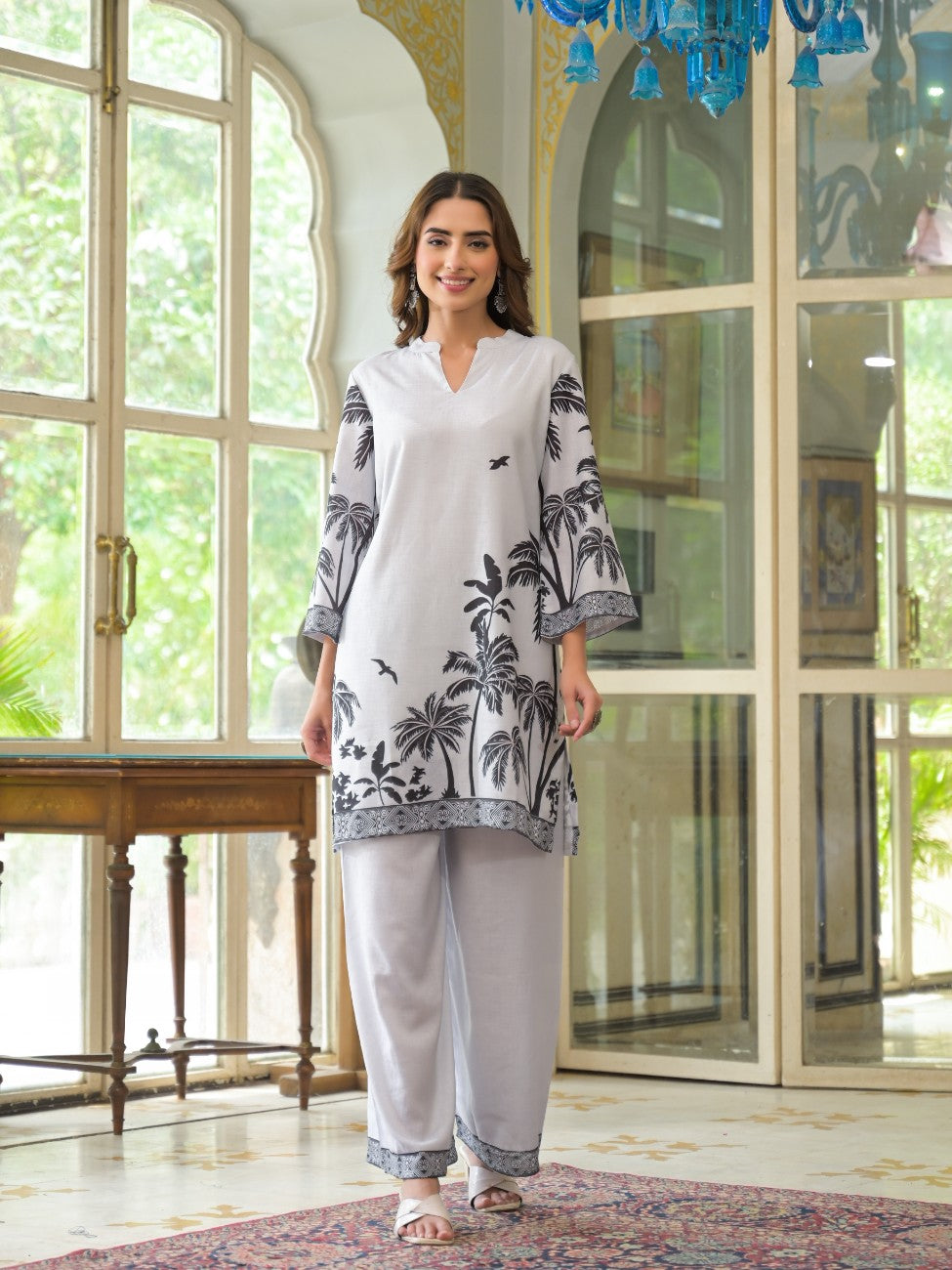 Premium Gray Printed Kurta Palazzo Ethnic Set