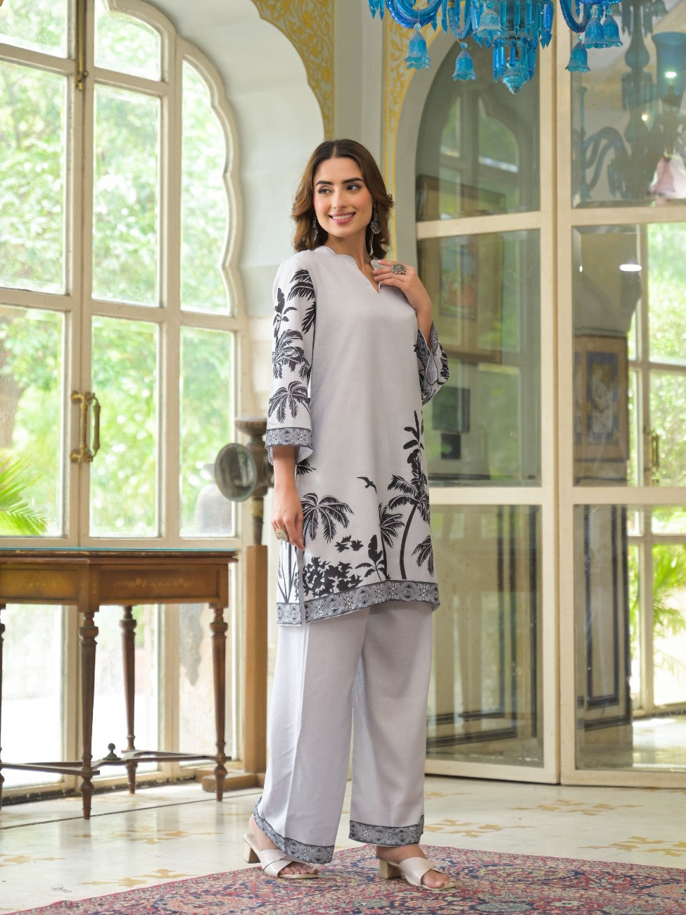Premium Gray Printed Kurta Palazzo Ethnic Set