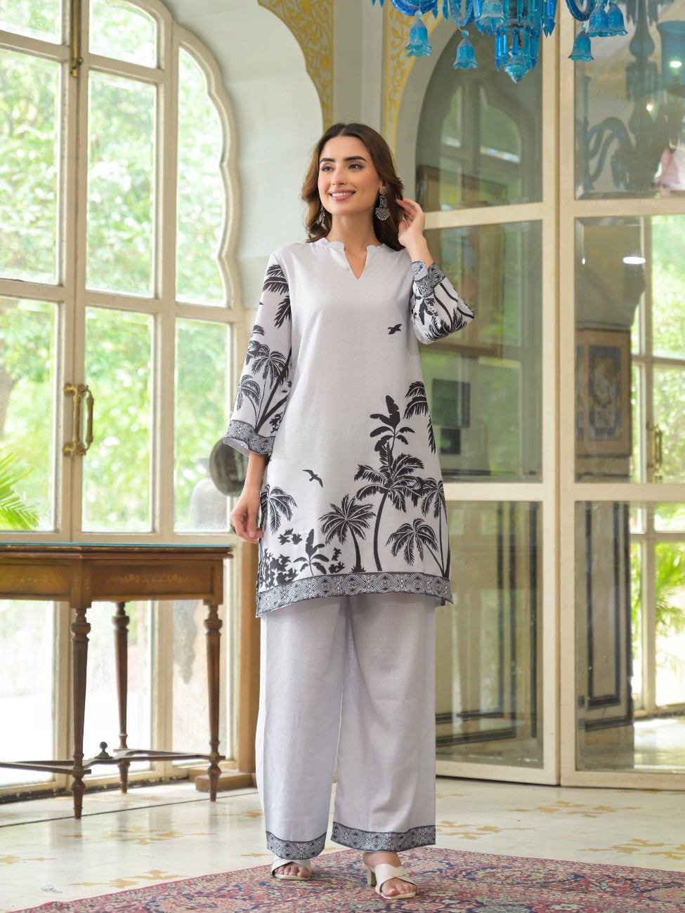 Premium Gray Printed Kurta Palazzo Ethnic Set