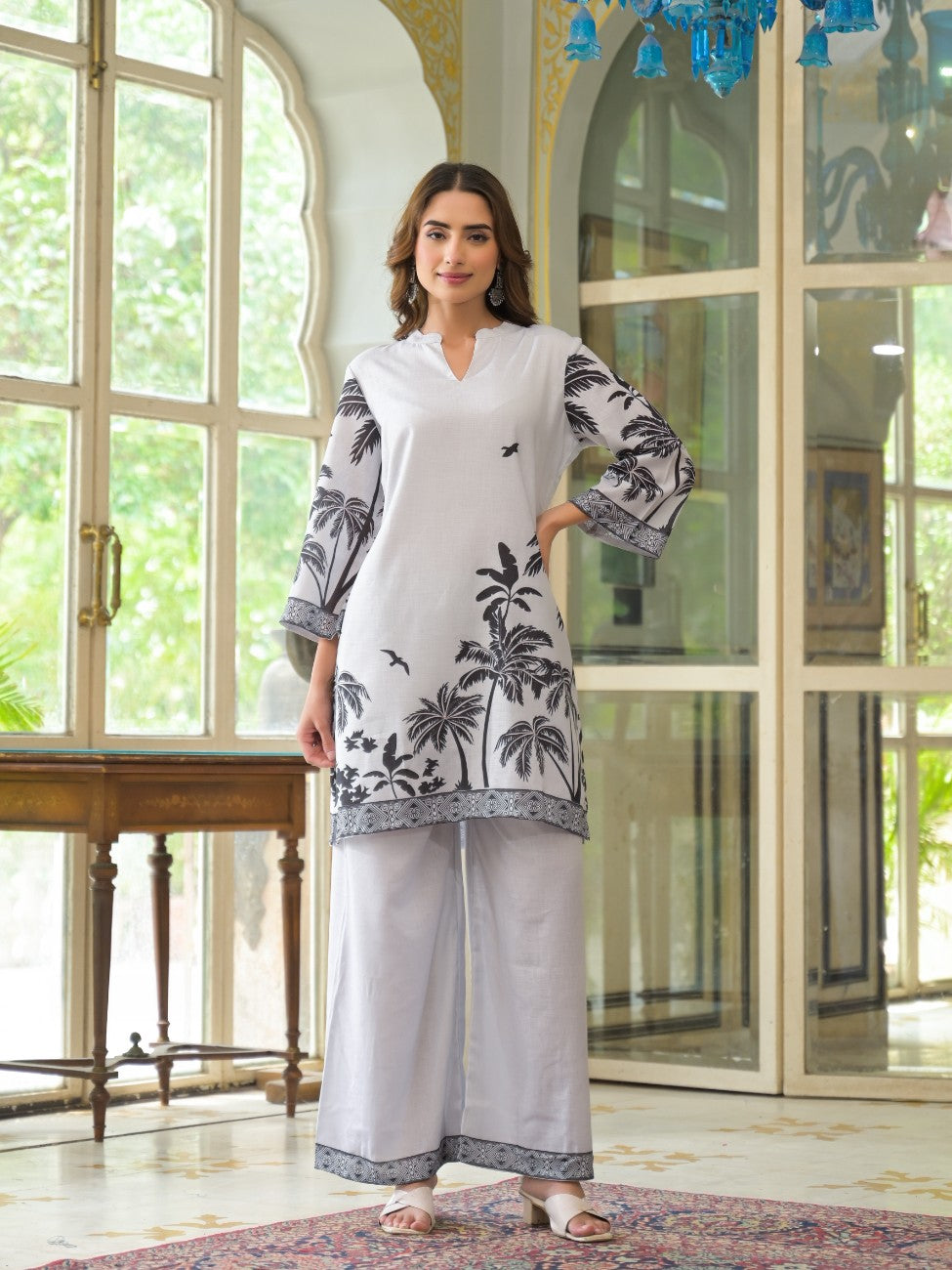 Premium Gray Printed Kurta Palazzo Ethnic Set
