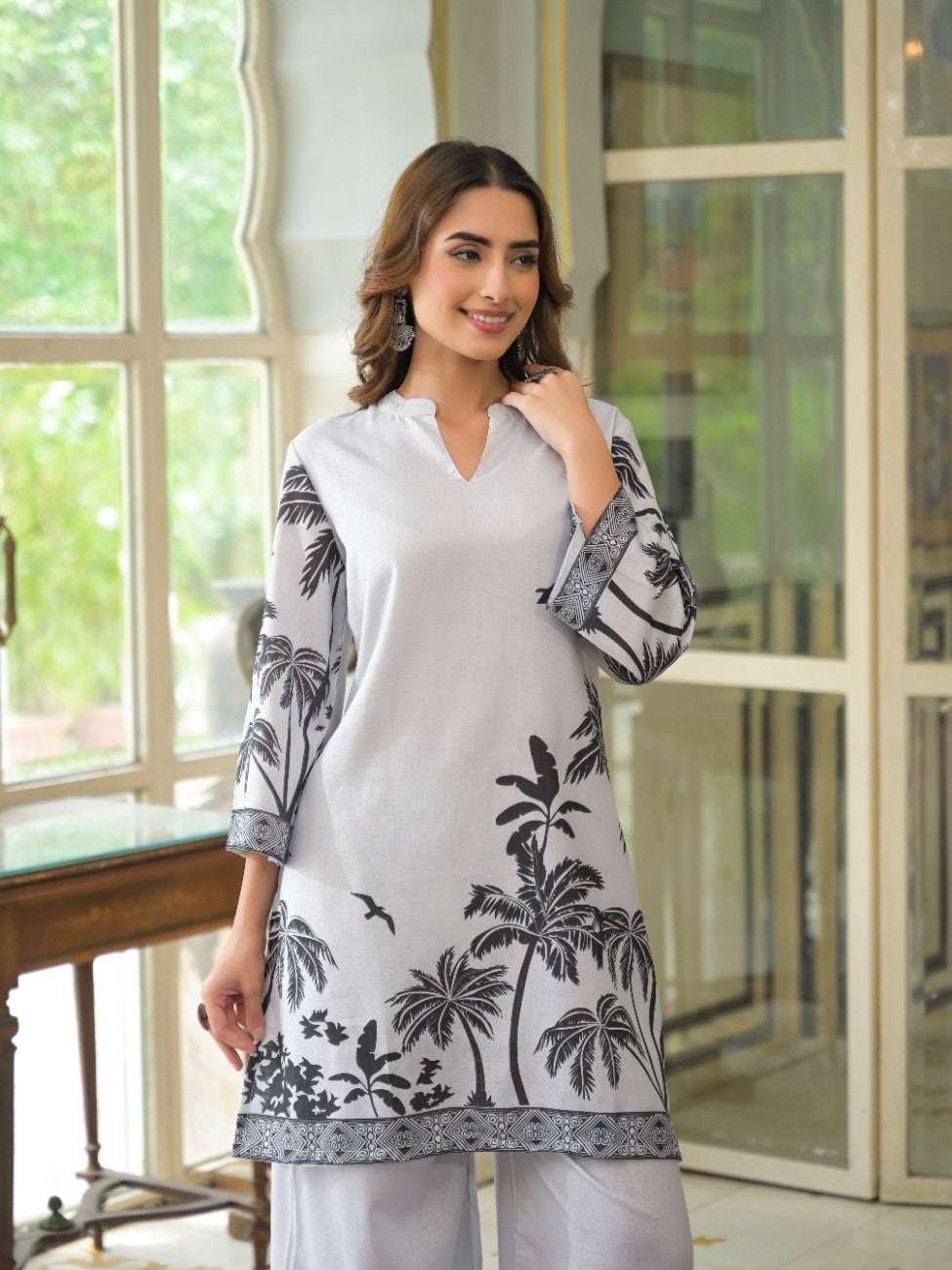 Premium Gray Printed Kurta Palazzo Ethnic Set