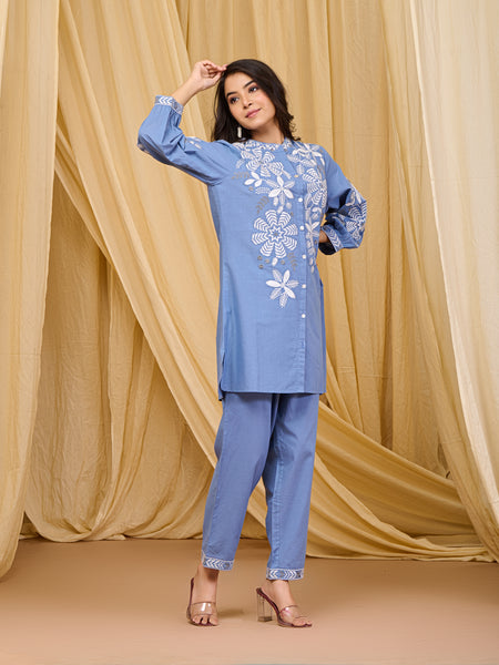 Sky Blue Blossom Cotton Co-ord Set